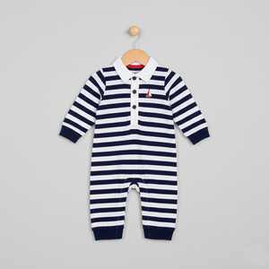 ชุดรอมเปอร์เด็กทารกแบบกะลาสี ลายทางสีกรมท่าขาว แขนยาว ติดกระดุม ผ้าถัก ปักลายเรือใบ โพลีเอสเตอร์ 100% - Product Image 1