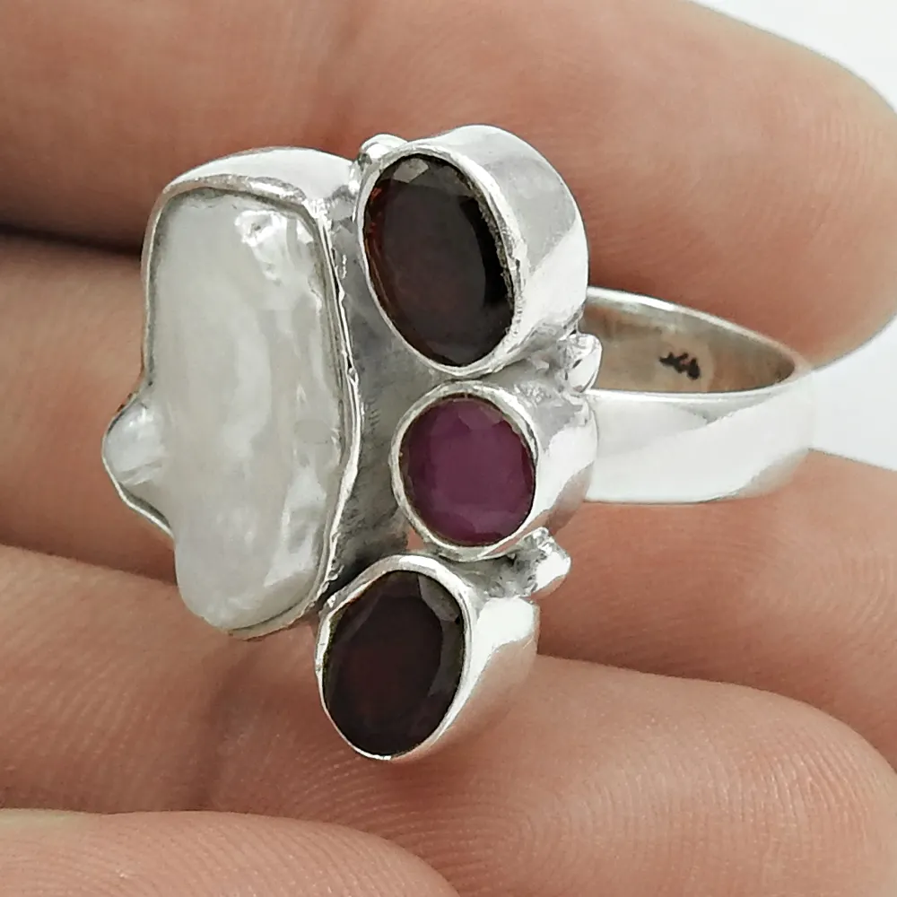 Conjunto de bisel Popular para mujeres, joyería de anillo con perlas de colores, rubí, granate, piedras preciosas especiales, fabricante de joyas