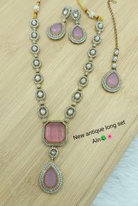 Ensemble de collier long Kundan antique en or en gros, boucles d'oreilles, Maang Tikka, bijoux de mariée roses pour femmes et filles, fête de mariage - Product Image 2