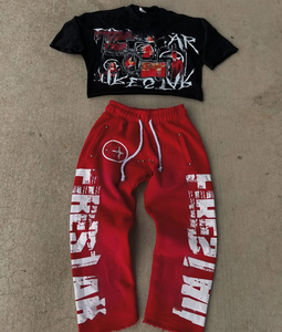 Conjunto de algodón de gran tamaño personalizado DTG estampado ácido lavado Flare pantalones de chándal camiseta conjunto para hombres - Product Image 5