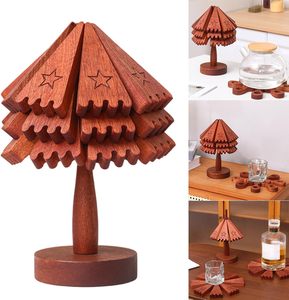 Ensemble de 4 dessous-de-plat carrés en bois écologiques de haute qualité avec support, pliables et empilables pour plats chauds, en carton - Product Image 4