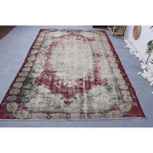 Tapis vintage en laine rouge et verte, écologique, avec dos en latex, poils moyens, patchwork, grande surface, motif rectangulaire, salle à manger - 6x9 pieds - Product Image 1