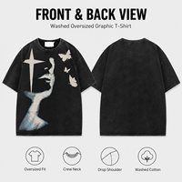 T-shirt en coton lavé pour homme, coupe ample, col rond, épaules tombantes, imprimé graphique artistique visage et papillon, style Hip Hop High Street