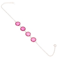 Bracelet chaîne à quatre pierres précieuses en tourmaline rose naturelle facettée, en argent sterling 925 plaqué or, style hip-hop, fait main, cadeau pour fête