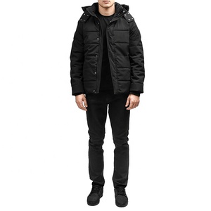 Blouson matelassé noir à capuche pour homme 2026 – Coupe-vent en toile, style streetwear décontracté pour l'hiver, coupe régulière, fermeture éclair, couleur unie - Product Image 1