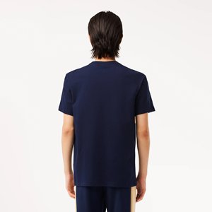 Camiseta de Hombre Azul Marino con Bloques de Color, Manga Corta, Cuello Redondo, Corte Regular, Informal, 100% Algodón Jersey, Ribete en Contraste - Product Image 3