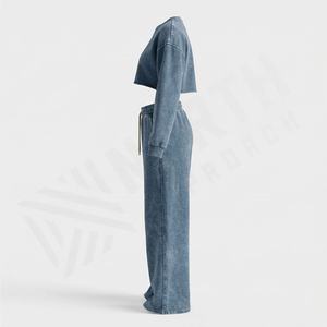 Conjunto Deportivo de 2 Piezas para Mujer, Sudadera Corta con Capucha, 100% Algodón, Pantalones Jogger Holgados, Lavado Ácido, Ropa Deportiva con Logotipo Personalizado - Product Image 3