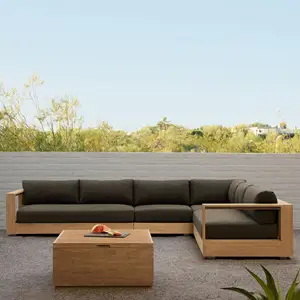 Sofa Modern luar ruangan, furnitur kayu jati padat gaya mewah bentuk L 4 tempat duduk taman, kayu jati, furnitur ruang tamu luar ruangan