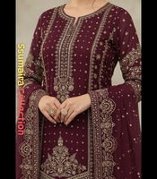 2025 Sharata 3 pièces en Organza Rouge à Motif Cristal Grainé et Chiffon avec Broderie Perles et Cristaux, pour Mariage, Cérémonie de Remise des Diplômes et Fêtes Formelles