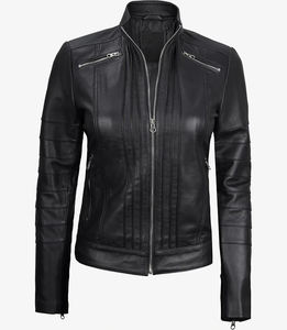 Chaquetas de cuero de motocicleta negras con estilo de moda personalizadas para mujer, tela de lona acabada de seguridad de peso pesado - Product Image 1