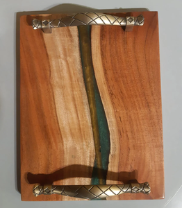 Plateau de service en bois et résine au design exclusif, poignée en acier inoxydable, artisanat populaire, plateau de service à thé - Product Image 2