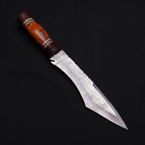 Cuchillo de caza Bowie de hoja de acero de Damasco personalizado hecho a mano con mango de madera de refuerzo de latón de acero D2 para combate soporte OEM - Product Image 2