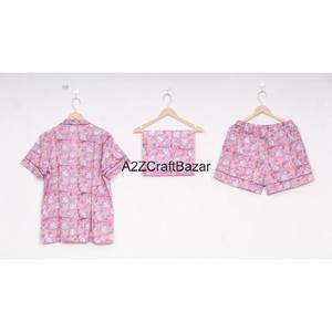 Ensemble de pyjama pour femmes en coton 100% pur, élégant, à motifs floraux imprimés en bloc, manches courtes, col en V, fermeture à cordon de serrage doux - Product Image 4