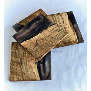 Wholesale Price Customize Square Round Epoxy Wood <b>Resin</b> Coaster with Holder Set 4 Pcs <b>Top</b> Quality For Kitchen Hotel Home Use - Product Image 4