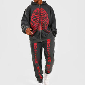 Conjunto Deportivo de Invierno para Hombre, con Capucha, Estilo Acid Wash, 2 Piezas, Cierre de Cremallera, 100% Algodón, Ropa Casual - Product Image 1