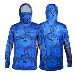 Men's Long Sleeve Fishing Shirt UPF 50 Blue <b>Camo</b> Print 100% Polyester Pullover Anti-Uv Protection Hooded <b>Top</b> - Product Image 1