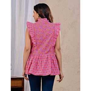 Top Corto Clásico Rosa de Algodón Estampado, Tejido Transpirable, Casual, con Lazo Halter, Talla Única para Uso Diario - Product Image 5