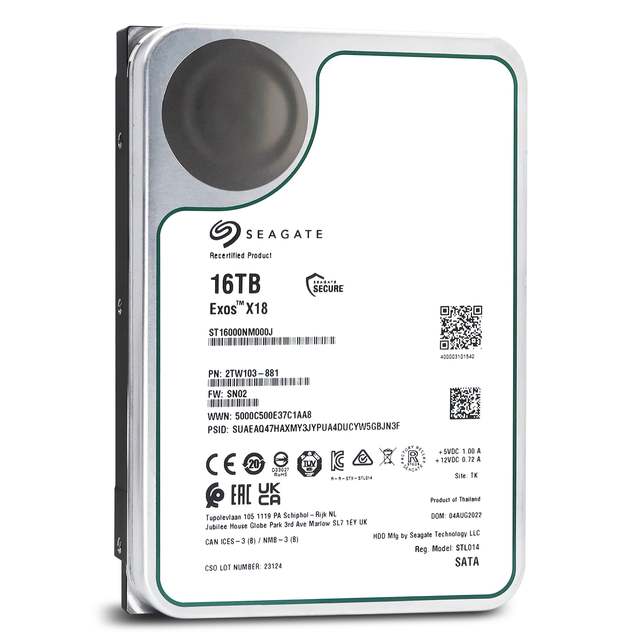 Enterprise Server Recertified Hard Disk 16TB 7.2K RPM SATA 6Gb/s 3.5 Inch Hard Drive HDD for Seagate Exos X18 ST16000NM000J