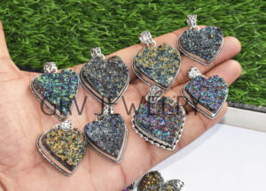 Wholesale Lot Handmade Ethnic 925 Sterling Silver Pendants Natural Coated Druzy <b>Heart</b> Gemstone for Engagement Wedding Party Gift - Product Image 2
