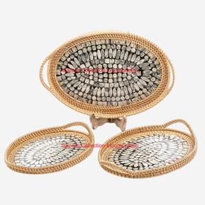 ถาดหวายทรงกลมทำด้วยมือพร้อมฝังมุกถาดสำหรับตกแต่งบ้านและห้องครัว - Product Image 5
