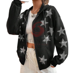 Sudadera con capucha informal con diamantes de imitación para mujer con estampado frontal personalizado OEM, forro polar con cremallera completa de invierno 100% algodón - Product Image 4