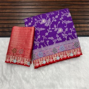 Saree georgette Banarasi Khadi de qualité supérieure avec tissage Meenakari, corps tissé riche Pallu et Zari lourd Vêtements de mariage indiens traditionnels - Product Image 2