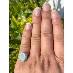 925 <b>Silver</b> Natural Opal & Blue Topaz <b>Statement</b> <b>Ring</b> with Oval Cut Gemstone Geometric Pattern IGI Certified Everyday Wear - Product Image 5