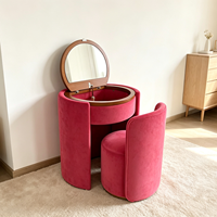 Ensemble coiffeuse et tabouret de maquillage en bois rembourré de velours, style vintage moderne de luxe, avec rangement dissimulé et miroir rond