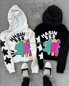 Manufacturer Custom french terry 100% <b>cotton</b> Anti-Shrink <b>raw</b> hem oversize rhinestone 3d puff print boxy cropped hoodie men - Product Image 2