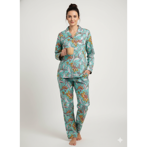 Pijamas Largos de Verano con Estampado Floral Jaipuri, Cintura Elástica, Cierre de Botones, Suaves, Transpirables, de Spandex, con Logotipo Personalizado Tejido - Product Image 1