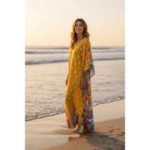 Vestido de Playa Tipo Kaftan para Mujer, Estampado a Cuadros, Largo hasta el Suelo, Cintura Natural, Cuello en V, Corte Holgado, Ecológico, para Verano y Resort - Product Image 4