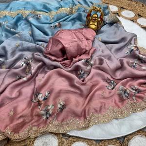 Hermoso Sari de seda suave de diseñador indio pakistaní, vestido de novia de estilo tradicional de fiesta de boda de estilo tejido Zari - Product Image 1