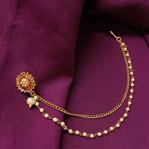 Bijoux indiens cristal fausse perle plaqué or bague de mariée nez broche avec chaîne bijoux pour femmes, rouge - Product Image 1