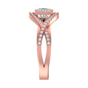 Bague de fiançailles en or rose 14K/18K avec diamant de laboratoire taille princesse, design unique à halo torsadé et à tige fendue, bijoux de mariée raffinés - Product Image 3