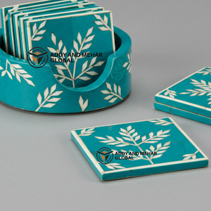 ชุดถาดรองแก้วฝังกระดูกสีฟ้าและสีขาวทำด้วยมือพร้อมที่วางแก้วเครื่องดื่มลายดอกไม้ซัพพลายเออร์อินเดีย - Product Image 5