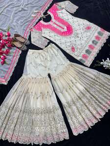 Heavy Designer Wedding Wear Faux Georgette Heavy Sequence Embroidery Work Top and Sharara Palazzo With Fancy Lace Dupatta - Product Image 6