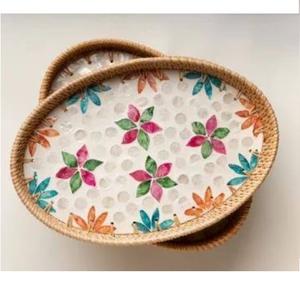 Plateau de service en rotin de forme personnalisée, de bonne qualité, avec incrustations d'os, pour servir des collations sucrées, usage polyvalent, utilisé pour le petit-déjeuner - Product Image 2