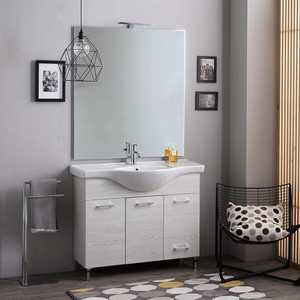 Meuble de salle de bain en chêne blanc de 105 cm avec miroir et lampe Ravenna, ensembles de salle de bain élégants - Product Image 1