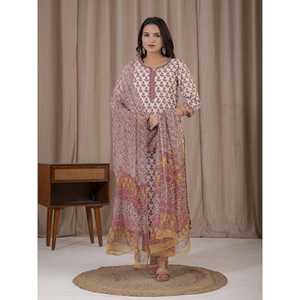 Ensemble Kurta et pantalon en coton imprimé à la main motif pêche blanche, vêtements traditionnels régionaux - Product Image 3