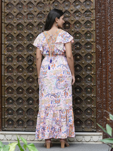 Vestido maxi de poliéster para mujer con mangas de murciélago y cuello en V, estilo bohemio, color rosa, estampado digital y mangas cortas. - Product Image 6