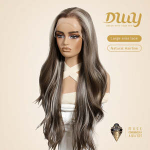 Perruque synthétique ondulée naturelle Misty-DWY avec raie libre, 136 Balayage Brun foncé blond avec dentelle frontale transparente - Product Image 2