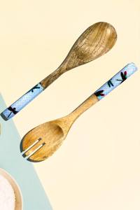 Juego de cubiertos esmaltados de madera de mango azul Juego de servidores de ensalada de madera de mango Juego de 2 SERVIDORES DE ENSALADA DE MADERA JUEGO DE 2 HECHO A MANO KETCHENWAR ÚNICO - Product Image 2