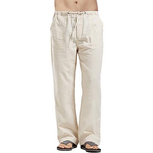 Men's Casual Cotton Linen <b>Trousers</b> Solid Color Lightweight Loose Straight Multi-Pocket Cargo Design Mid <b>Drawstring</b> Flat Front - Product Image 1