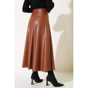 Elastic Waist Flared <b>Leather</b> Skirt Tan - Product Image 1