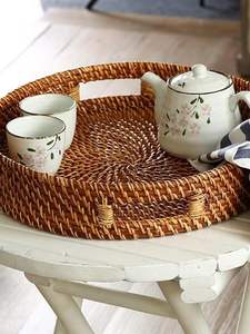 Plateau de service en jute de rotin décoratif fait à la main avec finition en incrustation d'os Ensemble de 3 plateaux de serveur de nourriture de forme arrondie - Product Image 2