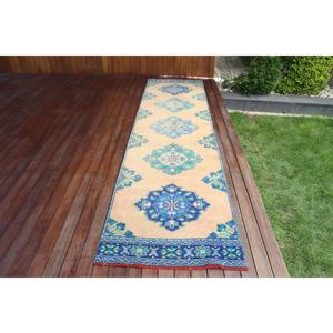 Alfombra de 2.9x11.3 pies, Alfombra Turca Vintage, Alfombra de Lana Azul Abstracta - Product Image 1