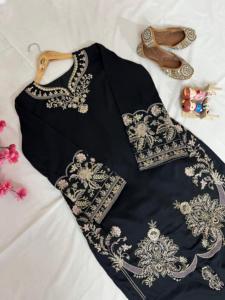 Conjunto de Kurti Palazzo Étnico de 3 Piezas para Mujer, Bordado Floral, Crepé Largo, para Bodas Indias, 100% Seda, Casual, Ecológico - Product Image 5