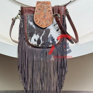 Bolsos cruzados con flecos de cuero de vaca para mujer, ranuras para tarjetas con solapa mecanizadas a mano, bolsillos con cremallera, correa ajustable, bolsos de hombro - Product Image 1