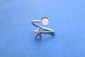 แหวนพลอยรูปปลาดาวสีเงินแบบปรับขนาดได้แหวนเปล่าทรงถ้วยทรงกลม Cabochon 6mm DIY เครื่องประดับฐานนมแหวนที่ระลึกสำหรับมหาสมุทร - Product Image 3