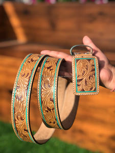 Real Handmade Hand <b>Tooled</b> Full Grain <b>Leather</b> Western <b>Belt</b> Western Stylish Turquoise Genuine <b>Leather</b> Unisex Removable Buckle <b>Belt</b> - Product Image 2